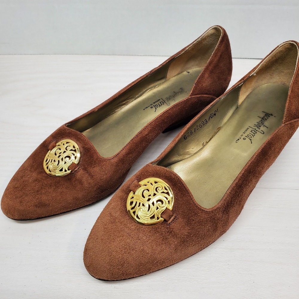 Vtg Y2K Jacqueline Ferrar Low Heel Brown‎ Suede Leather 6.5 M Italian Fast Ship